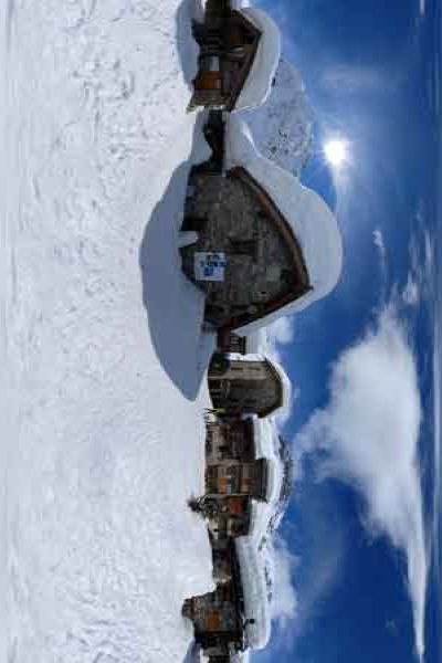 panoramas 360° of bonneval sur arc, a village with snow in mountain, french alps