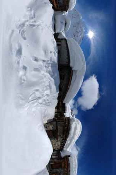 panorama 360° of a village with snow in mountain, bonneval sur arc in the french alps,  France