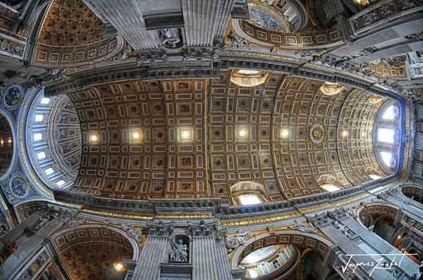 Inside the Basilica of St. Peter in the Vatican, the vaults of the central nave