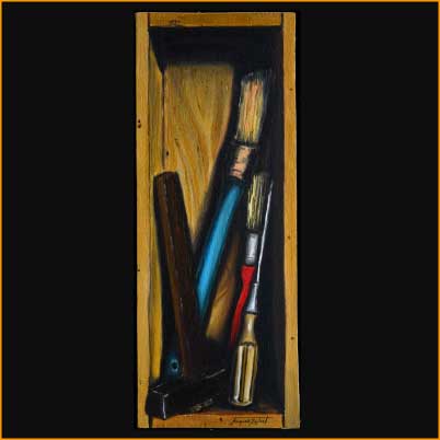 painting of Jacques Rochet, trompe-l'oeil, bricolage, oil on wood