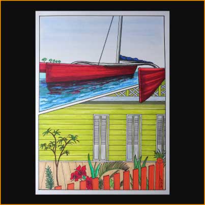 travel in Guadeloupe, felt-tip pen drawing